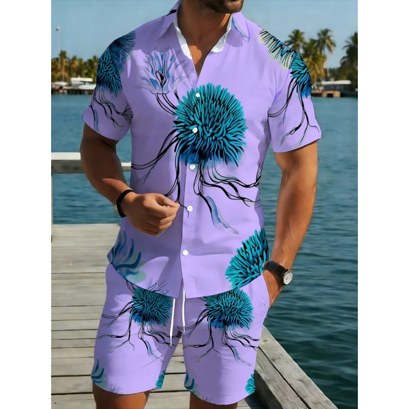 Printed Floral Shirt - Erkek Hawaii Gömlek Şort Takımı Mor