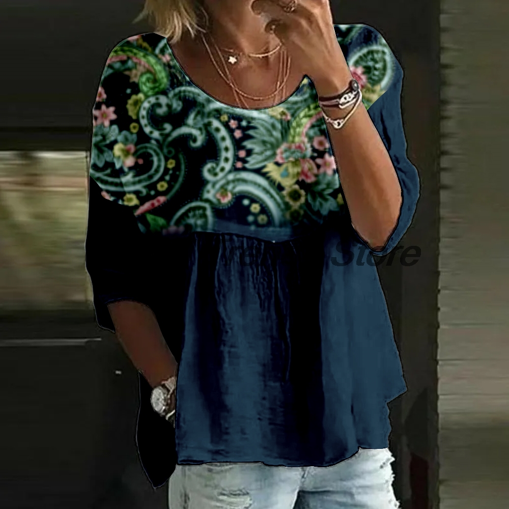 Printed Floral Shirt - Kadın Günlük Çiçek Desenli 3/4 Kollu