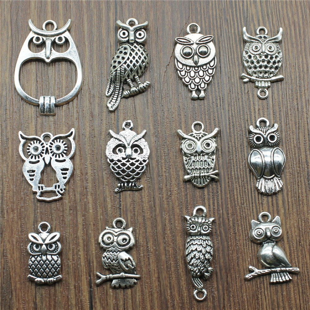 Vintage Fashion Jewelry - 10 adet Charms Baykuş Antik Gümüş